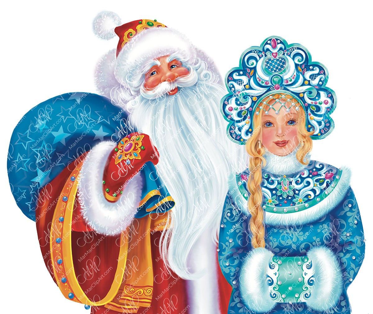 Дед Мороз и Снегурочка, новогодний клипарт. Цифровая иллюстрация на белом фоне, расширенная коммерческая лицензия