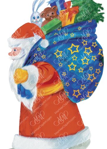 Santa Claus with a bag of gifts. Watercolor, hand made painting. Printable file