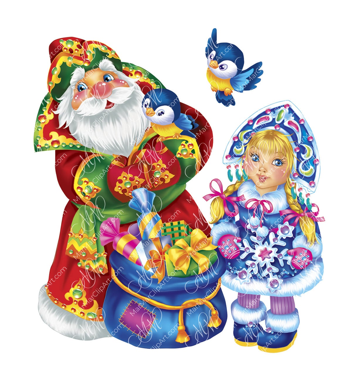 Дед Мороз с подарками и внучкой Снегурочкой. Новогодний клипарт, мгновенная загрузка