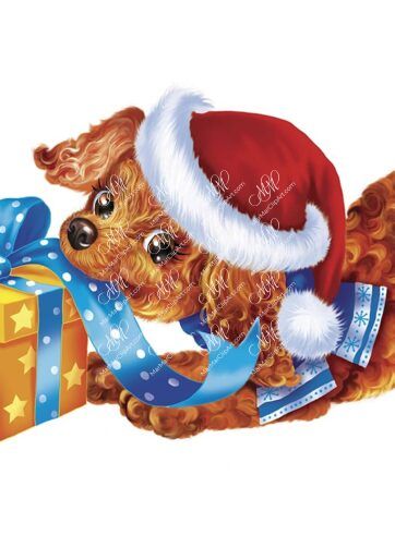 Funny dog with Christmas gift. Cute puppy in Santa Claus hat. Digital illustration isolated on white background