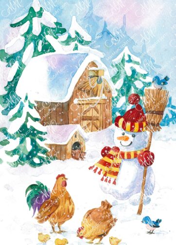 Christmas picture Winter farmhouse, watercolor