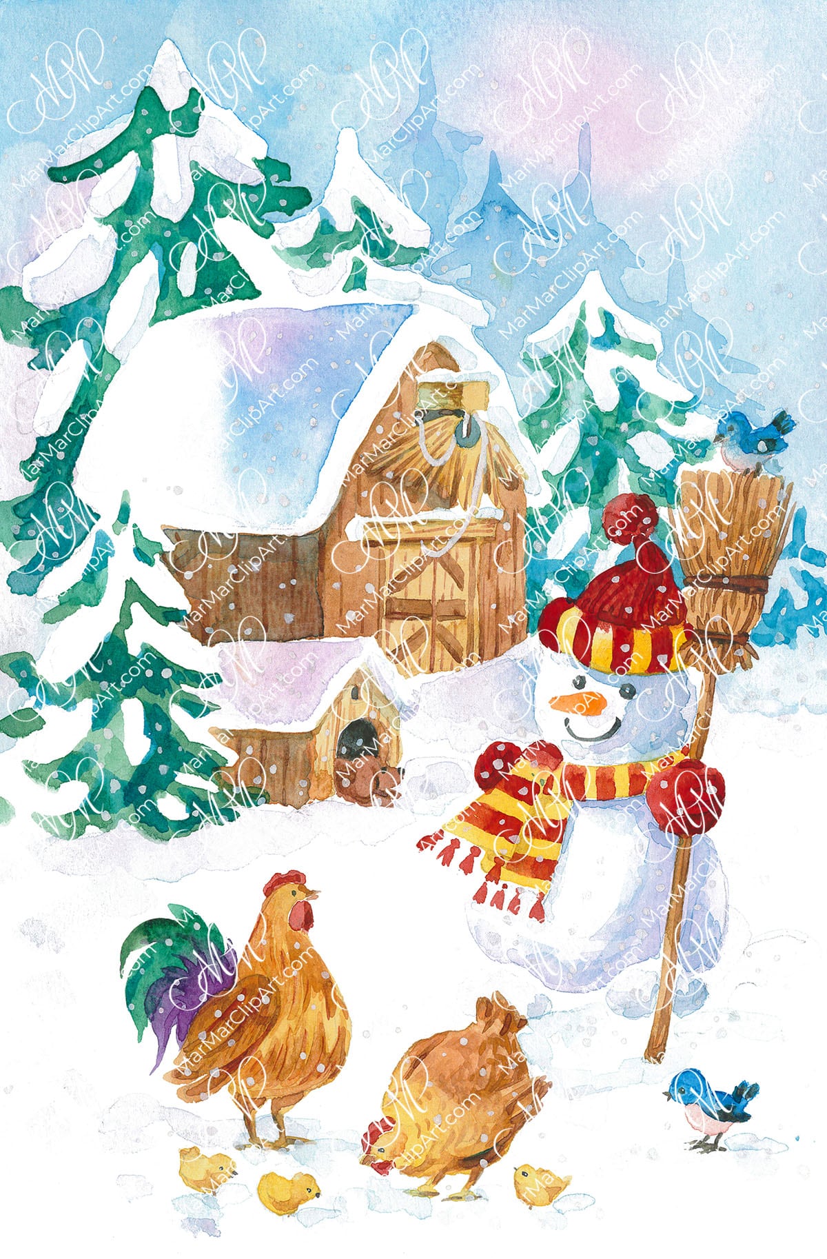 Christmas picture Winter farmhouse, watercolor