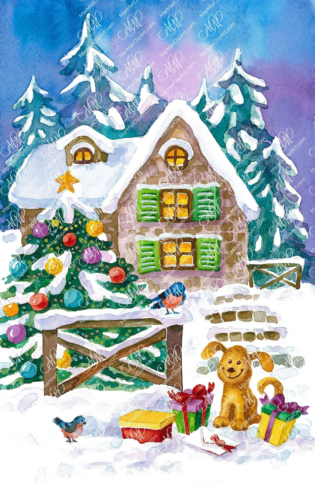Christmas village, Watercolor, printable file
