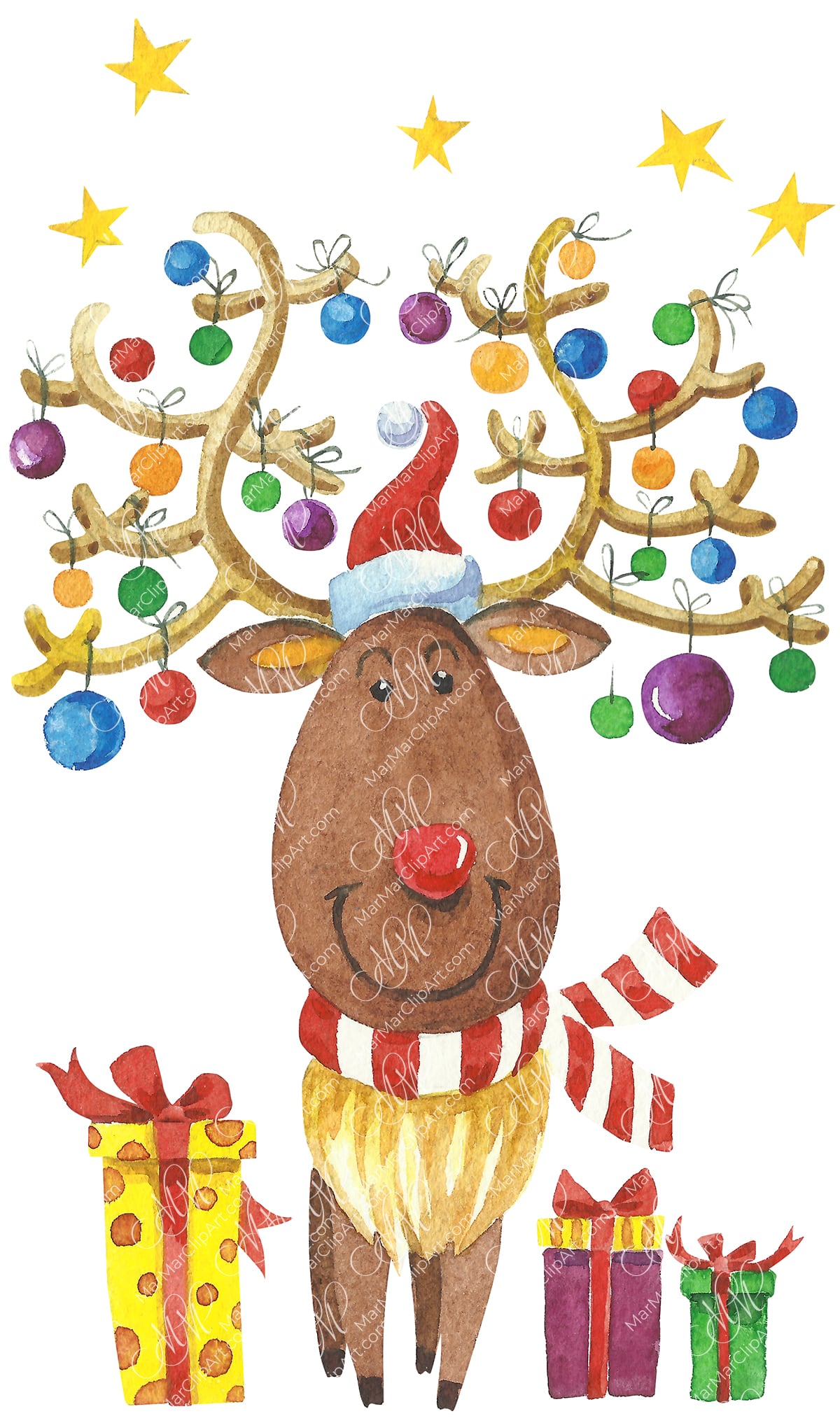 Christmas character Santa deer. Watercolor clipart. Instant download
