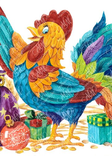 Cockerel with Christmas balls. Watercolor illustration