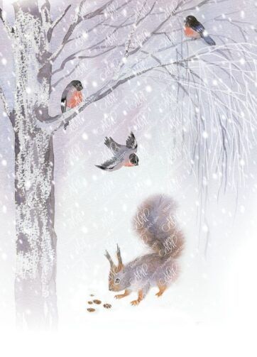 Winter time bullfinches and squirrel in winter forest. Watercolor illustration