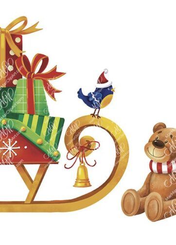 Teddy bear and sled with gifts. Digital illustration.
