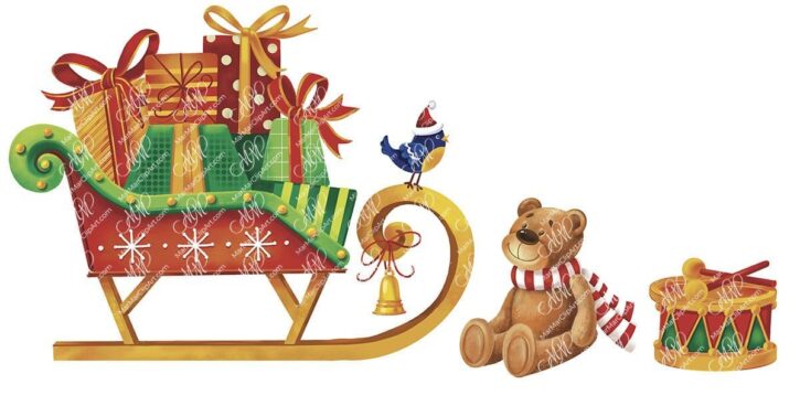 Santa Claus Sleigh with Christmas Gifts and Teddy Bear