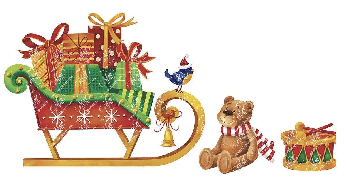 Teddy bear and sled with gifts. Digital illustration.