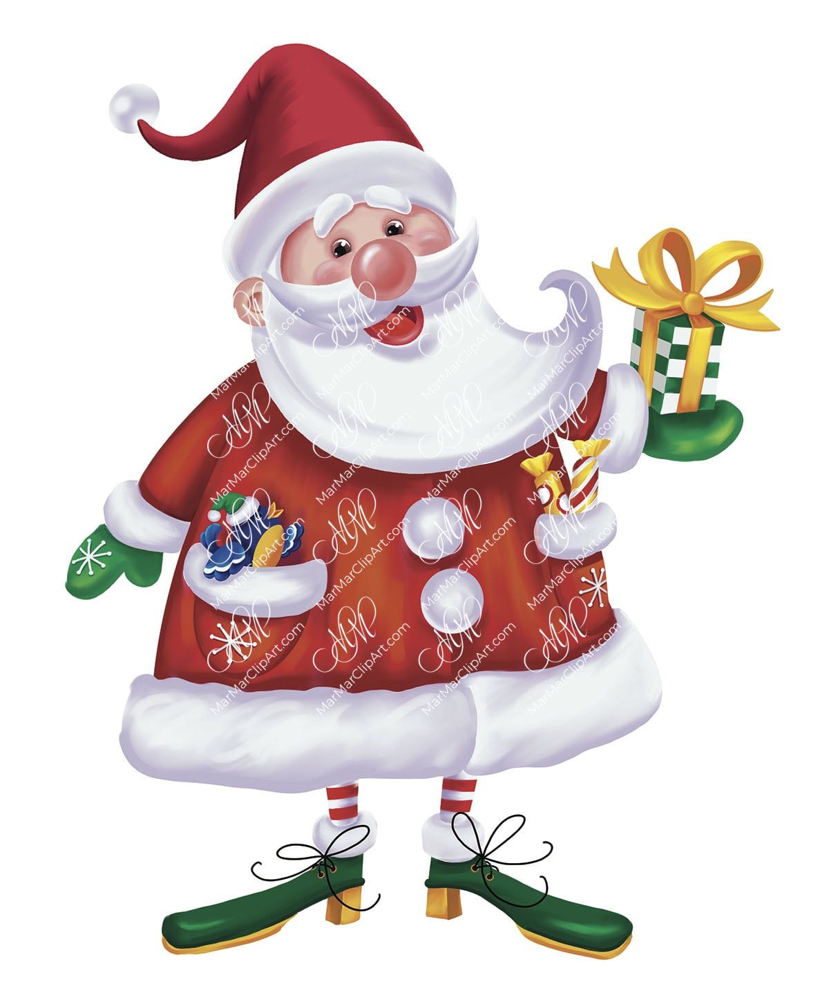 Santa Claus with gift. Digital royalty-free illustration. Printable file isolated on white background