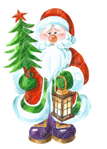 Santa Claus with Christmas tree. Watercolor hand made illustration. Printable file isolated on white background