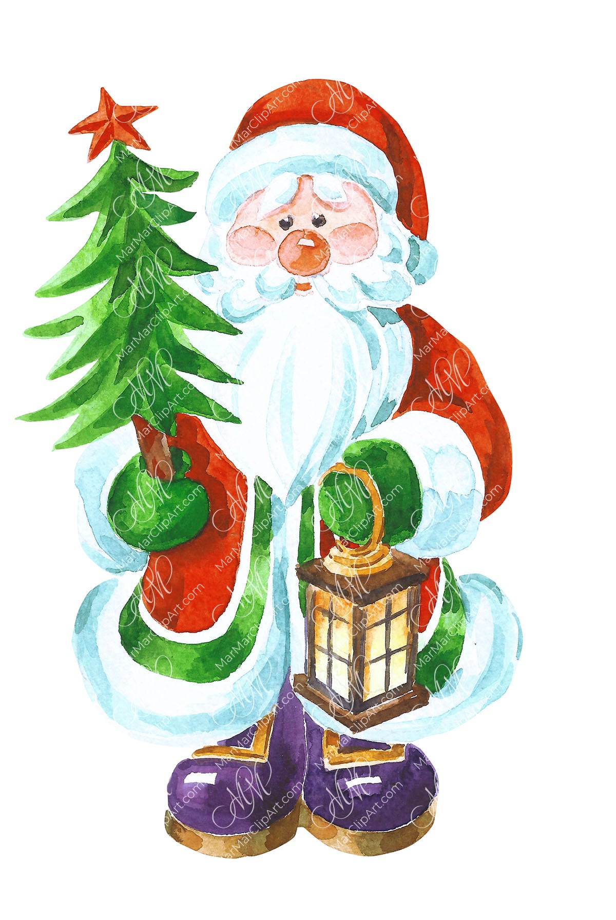 Santa Claus with Christmas tree. Watercolor hand made illustration. Printable file isolated on white background