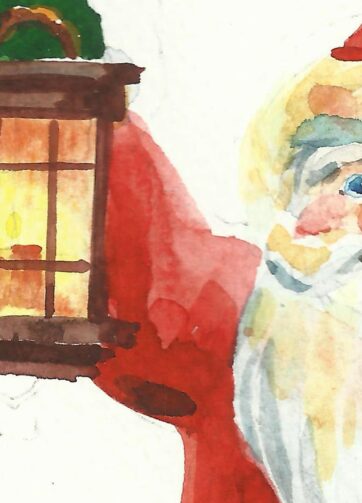 Santa Claus with a lantern. fragment of watercolor
