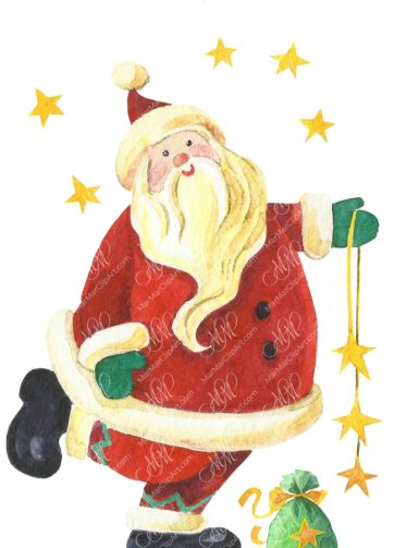 Santa Claus with Christmas stars. Watercolor, hand made painting. Printable file