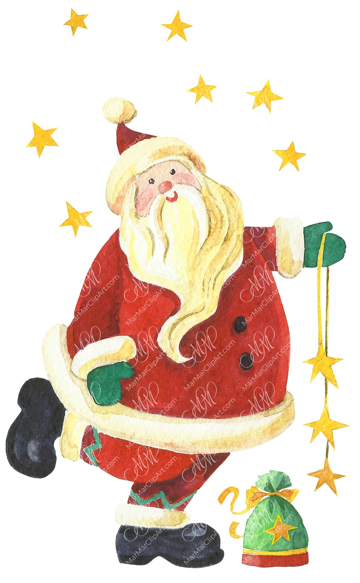 Santa Claus with Christmas stars. Watercolor, hand made painting. Printable file
