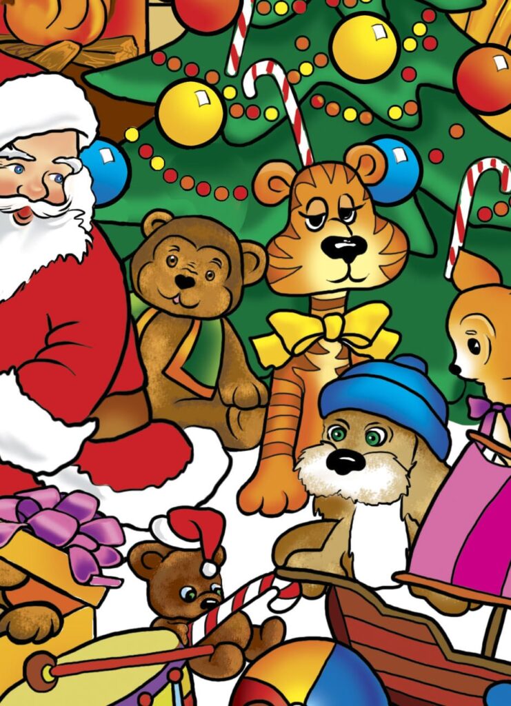 Santa Claus Among Gifts – Christmas Coloring Page, christmas clipart, holiday graphics, festive design elements