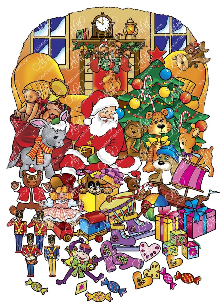 Santa Claus Among Gifts – Christmas Coloring Page, christmas clipart, holiday graphics, festive design elements
