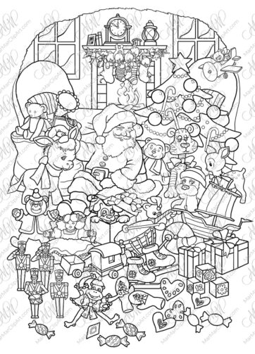 Santa Claus among gifts. Digital illustration. Template for coloring. Printable file