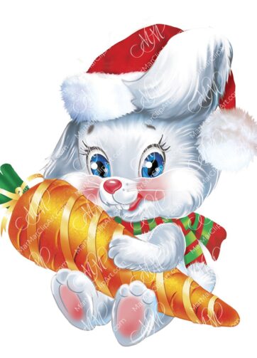 Christmas funny bunny with carrot in a Santa hat. Christmas character, digital illustration