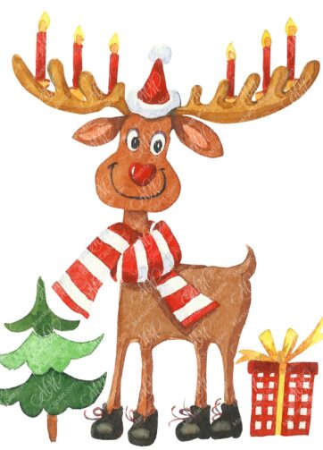 Deer of Santa Claus. Watercolor, hand made painting. Printable file