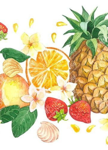 Pineapple, oranges, strawberries, tropical flowers. Watercolor clipart, printable file