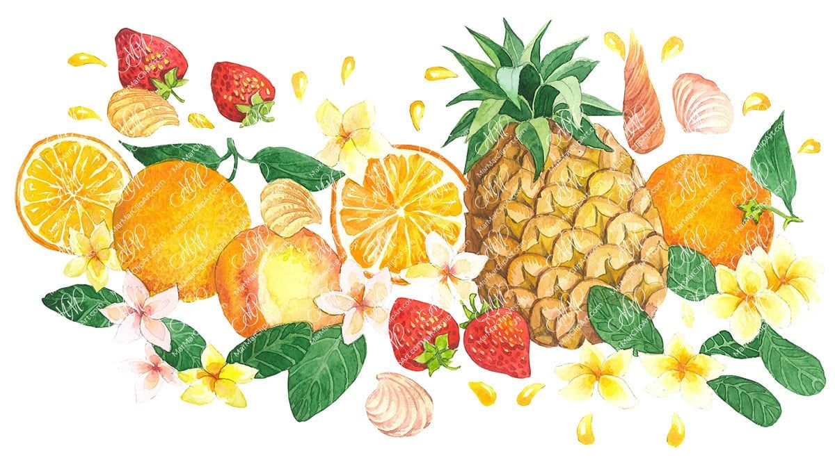 Pineapple, oranges, strawberries, tropical flowers. Watercolor clipart, printable file