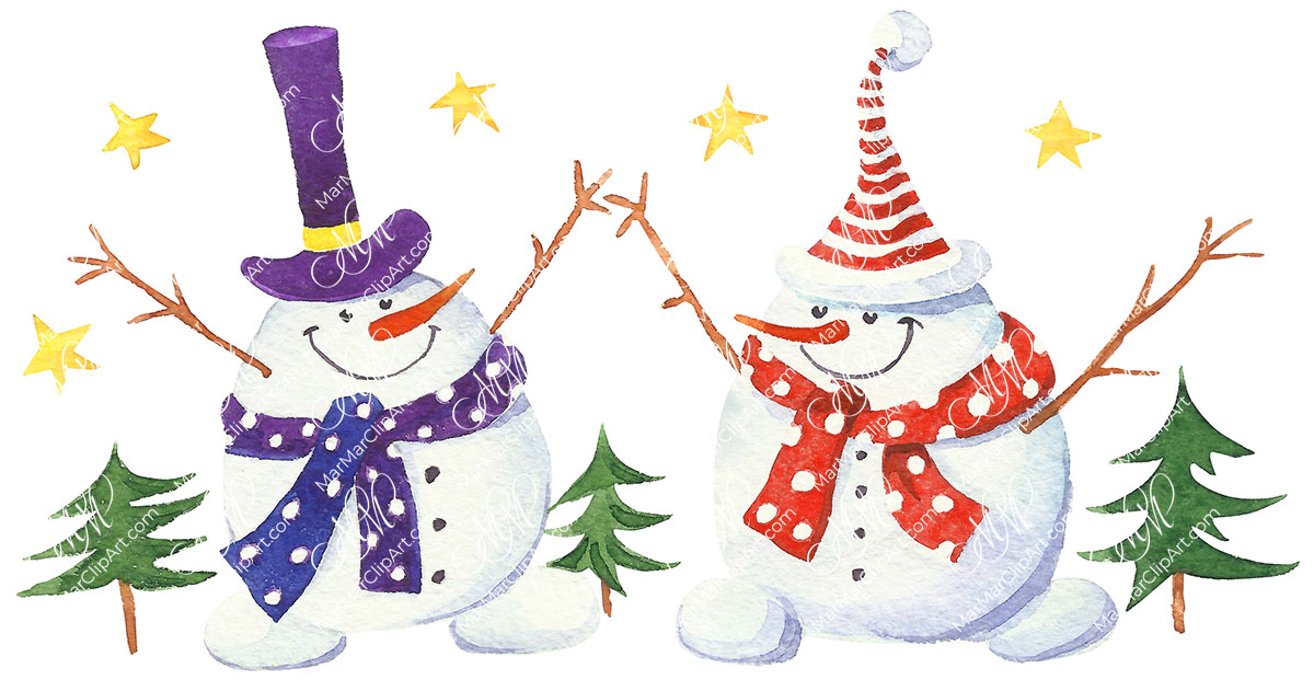 2 snowmen. Watercolor. Printable file, can be used for home decoration, cards, invitations, for your design work