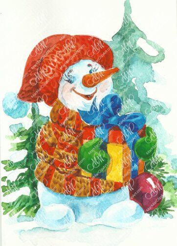 Cute Snowman with Christmas gift. Watercolor Christmas image