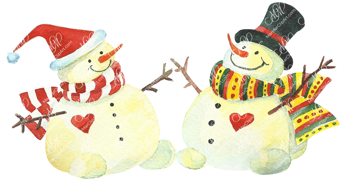 Couple of smiling snowmen. Watercolor. Printable file, can be used for home decoration, cards, invitations, for your design work