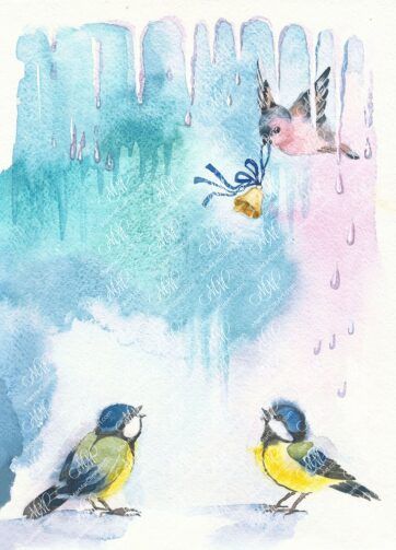 Bullfinch with Christmas bell and titmouses. Winter time. Watercolor illustration