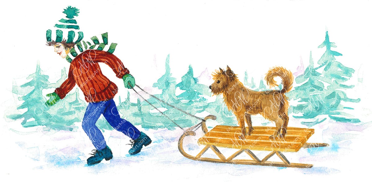 Boy with dog and sled in winter. Watercolor hand made illustration, can be used for your cards, invitations, for your design work