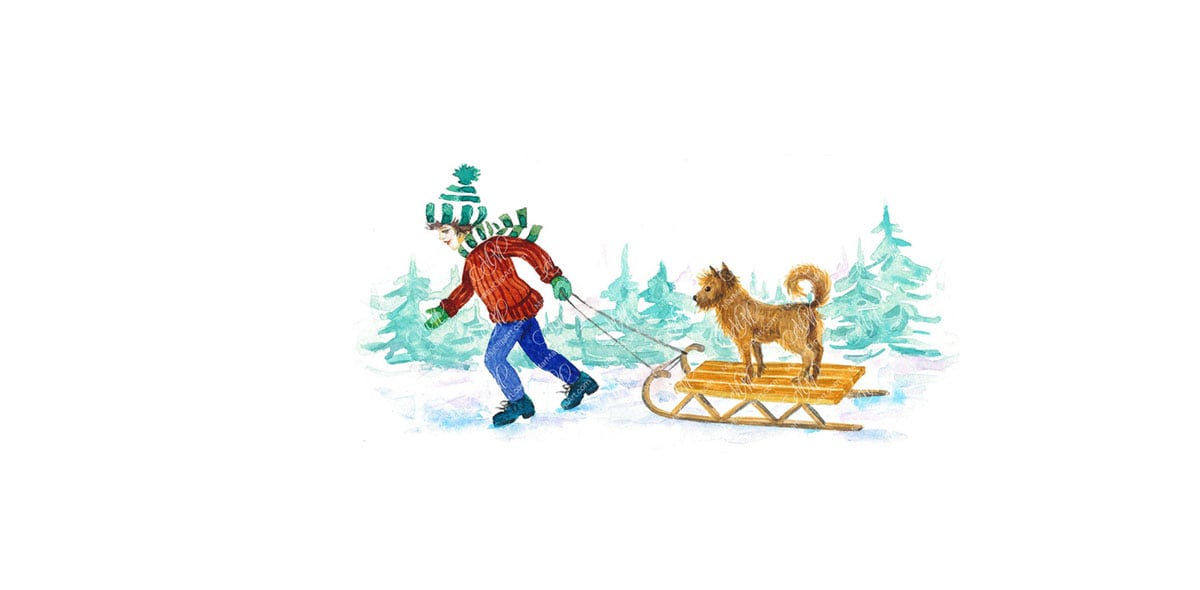 Boy with dog and sled in winter. Watercolor hand made illustration