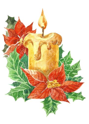 Christmas candle with poinsettia, watercolor illustration