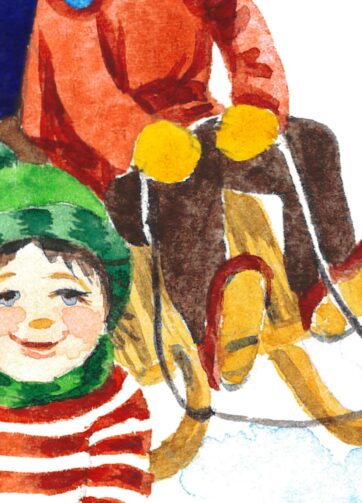 Children are sledding. Watercolor hand made illustration, fragment