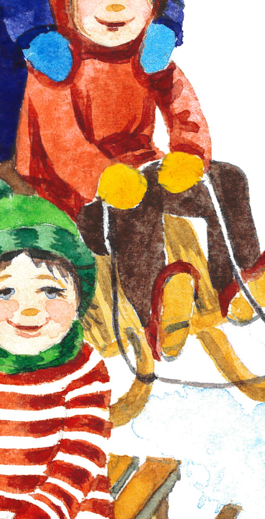 Children are sledding. Watercolor hand made illustration, fragment
