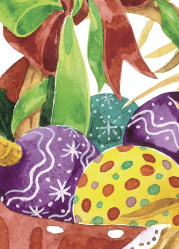 Basket with Christmas balls. Watercolor hand made illustration, fragment