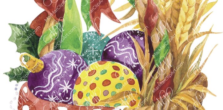 Christmas Basket with Ornaments and Wheat – Rustic Holiday Watercolor Illustration