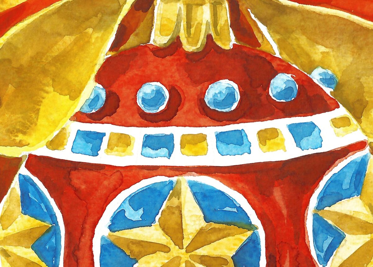 Red christmas ball with stars. Watercolor hand made illustration, fragment