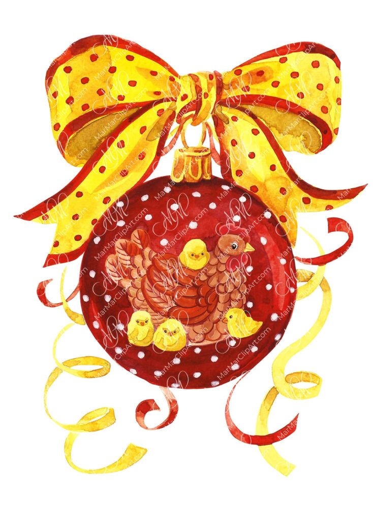 Christmas bauble – Mom chicken with chicks. Watercolor hand made illustration
