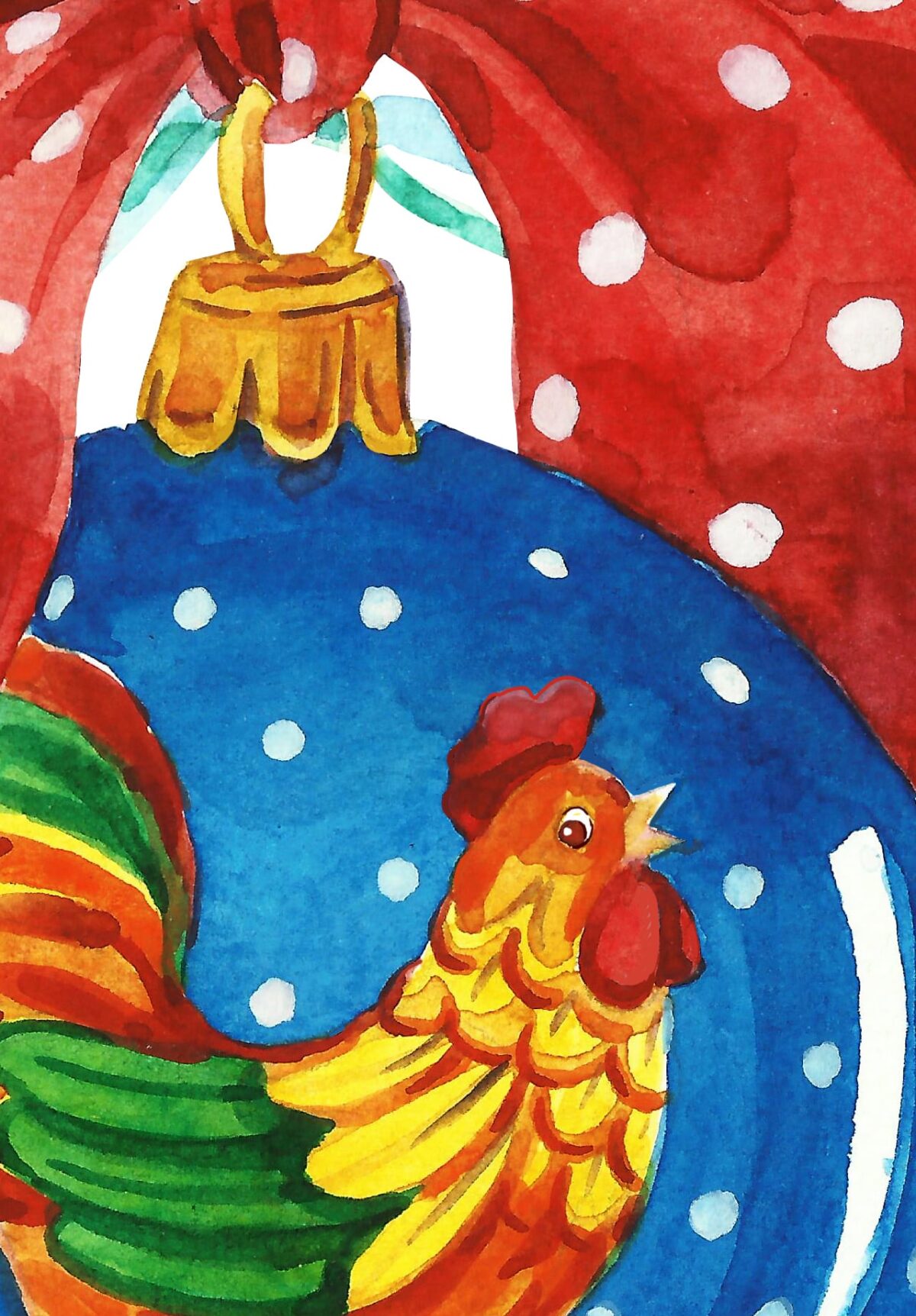 Christmas ball with cockerel. Watercolor hand made, fragment