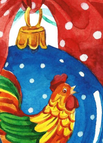 Christmas ball with cockerel. Watercolor hand made, fragment