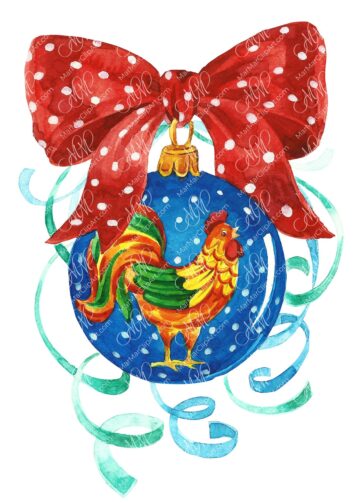 Christmas ball with cockerel. Watercolor hand made illustration