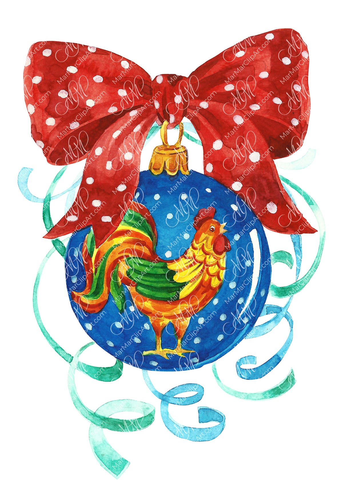 Christmas ball with cockerel. Watercolor hand made illustration