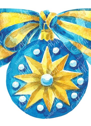 Blue christmas ball with star. Watercolor hand made illustration, can be used for your cards