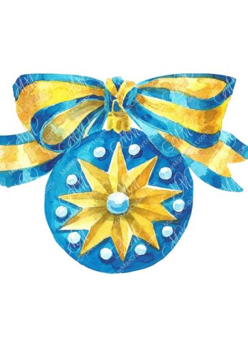 Blue christmas ball with star. Watercolor hand made illustration