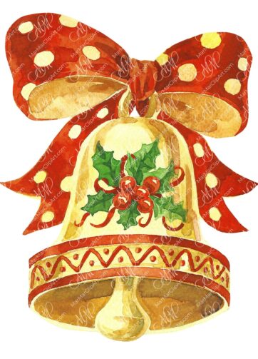 Christmas bell with red bow. Watercolor hand made illustration, can be used for your cards, invitations, for your design work, etc.