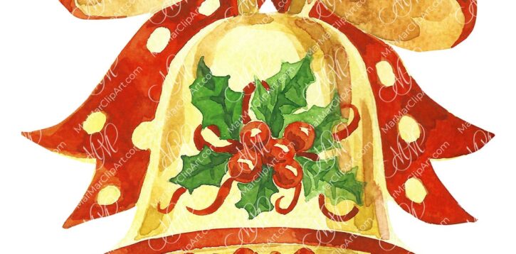 Watercolor Christmas Bell with Holly and Red Polka Dot Bow