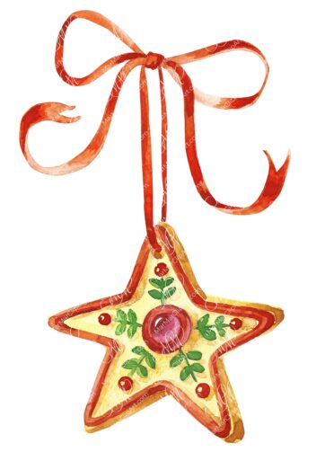 Christmas clipart Star Gingerbread with red bow. Watercolor hand made illustration