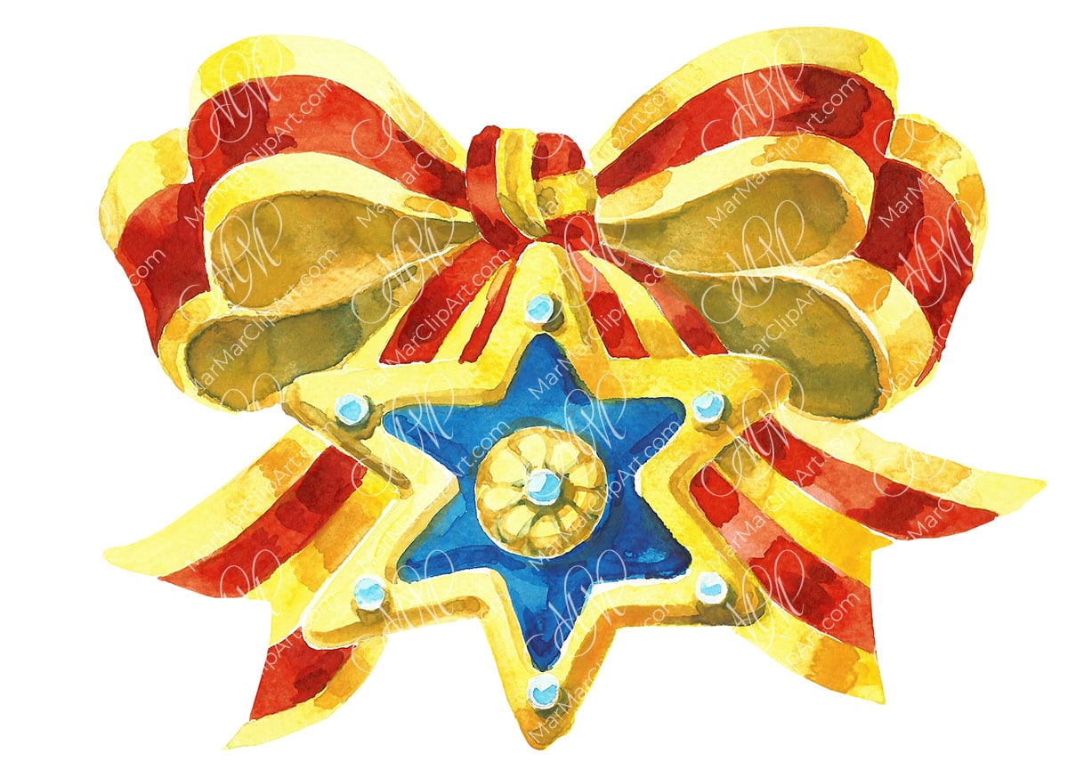 Christmas star with bow. Watercolor hand made illustration