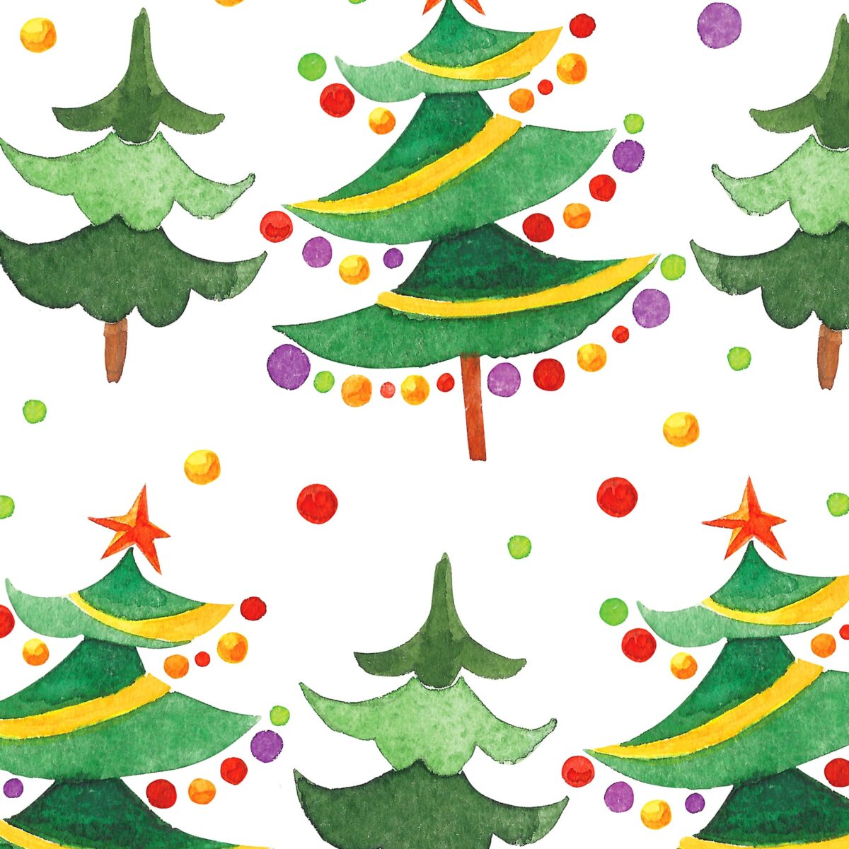 Christmas seamless pattern with christmas tree. Watercolor hand made illustration, fragment